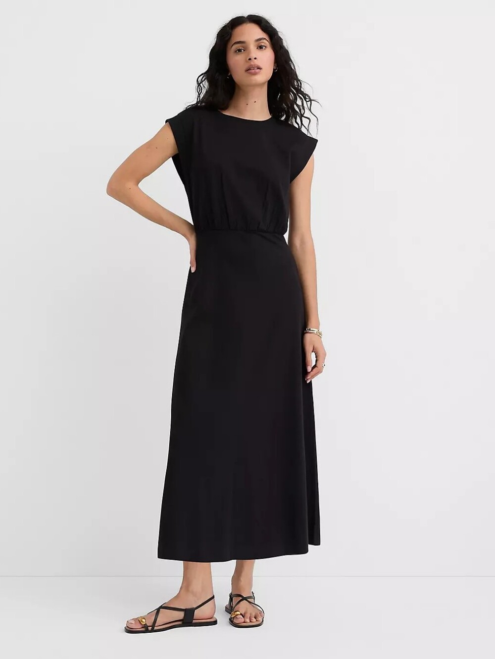 LOFT Black Cap-Sleeve Midi Dress
